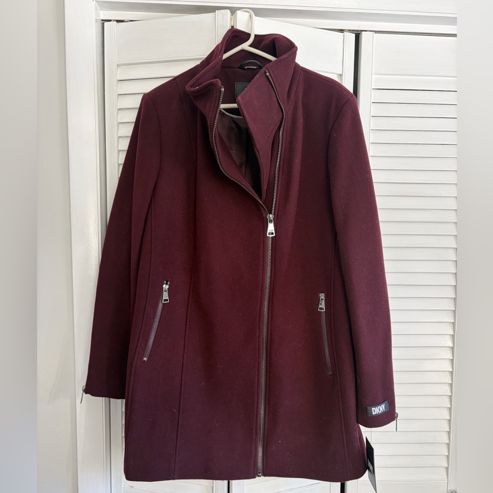 DKNY Women's Dark Red/Burgundy Pea Coat Size XL